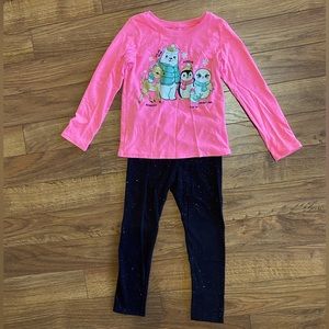 Childrens place bright pink animal top & black sparkle leggings, 4T